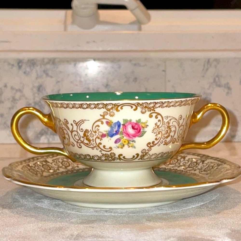 Rosenthal Ivory Bavaria Handled Soup Bowl & Saucer Green Gold Roses Germany EUC
